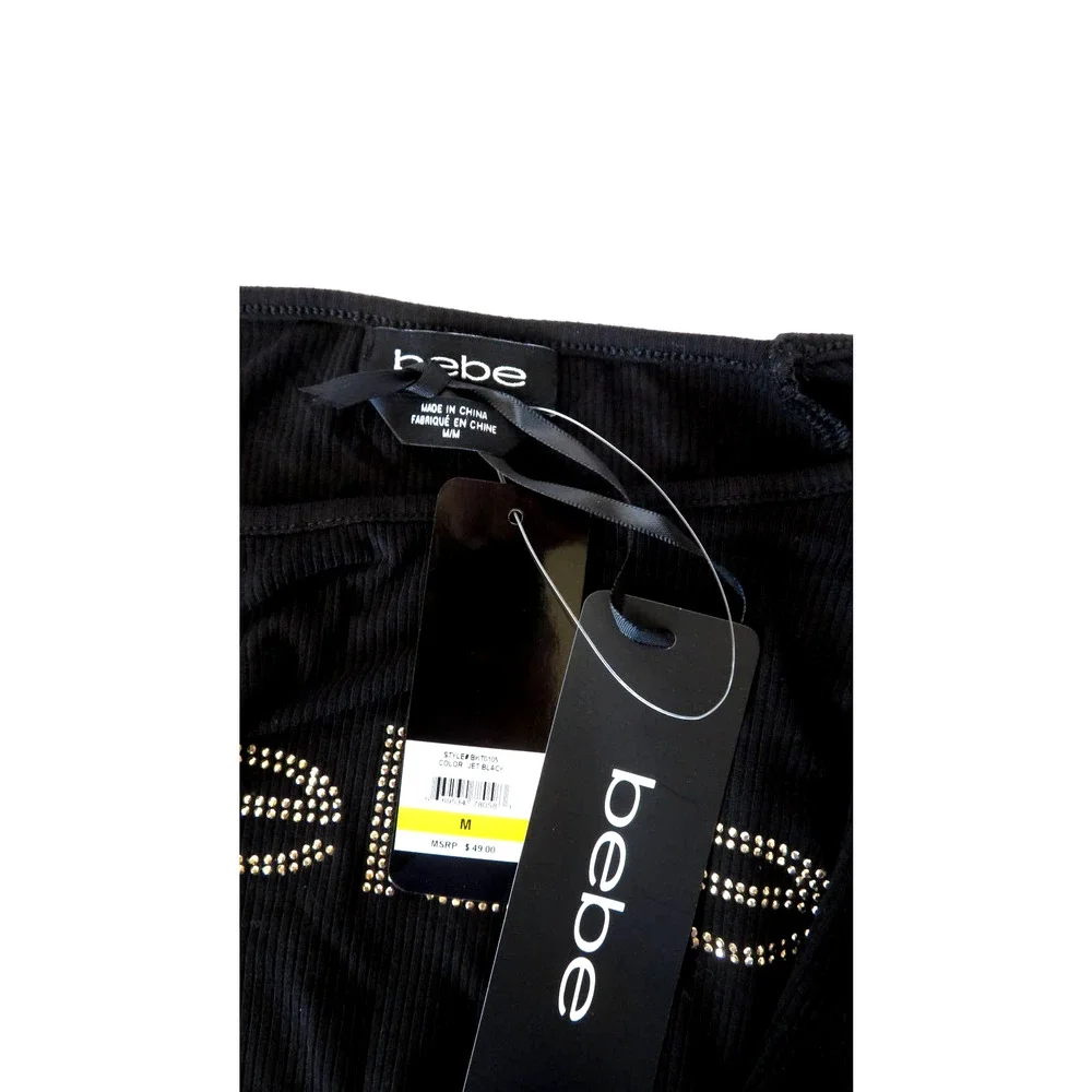 Nwt BEBE Black Logo Top Shirt w/ Gold Rhinestone Women Sz M - Picture 7 of 7